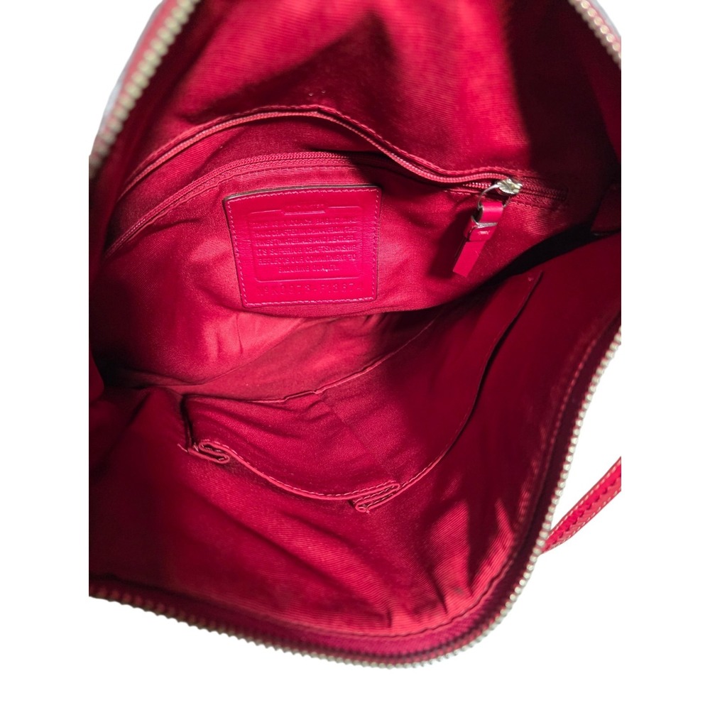 Coach Signature Canvas Shoulder Bag Red Leather Trim Zip Hobo Purse - Picture 5 of 10